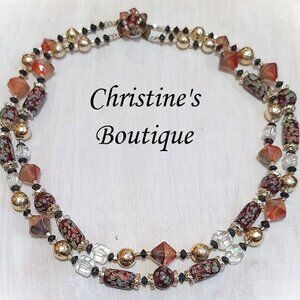 Vintage Speckled Glass 2 strand necklace w beaded clasp signed Japan